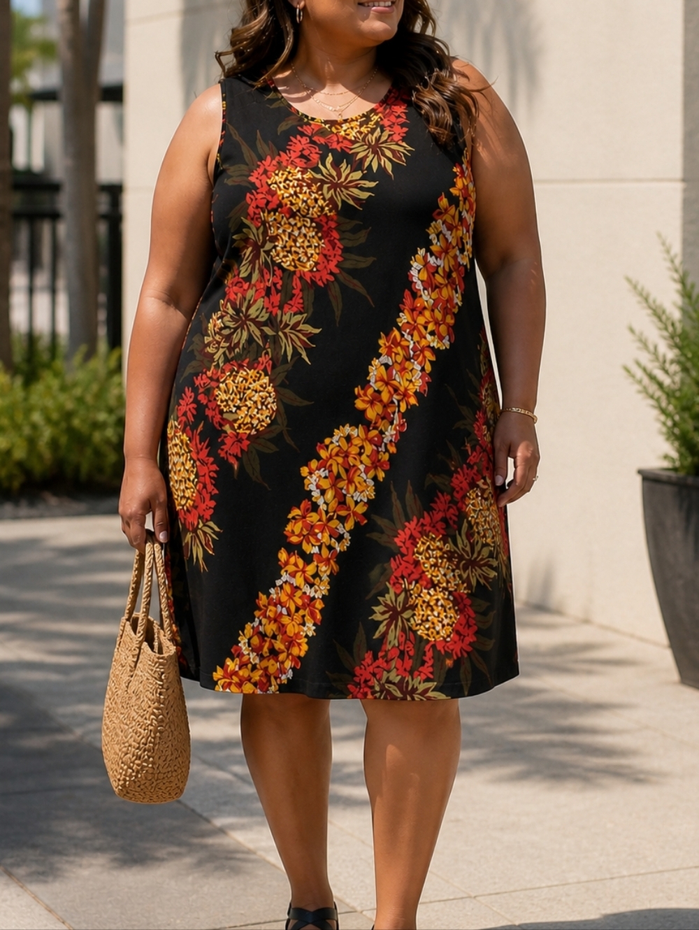The Hawaiian Original Tropical Pineapple Floral A-Line Sleeveless Dress Black